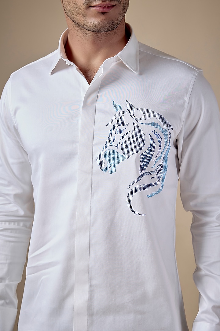 White Poly Cotton Lycra Aari Embroidered Party Wear Shirt by ALOUKIK at Pernia's Pop Up Shop