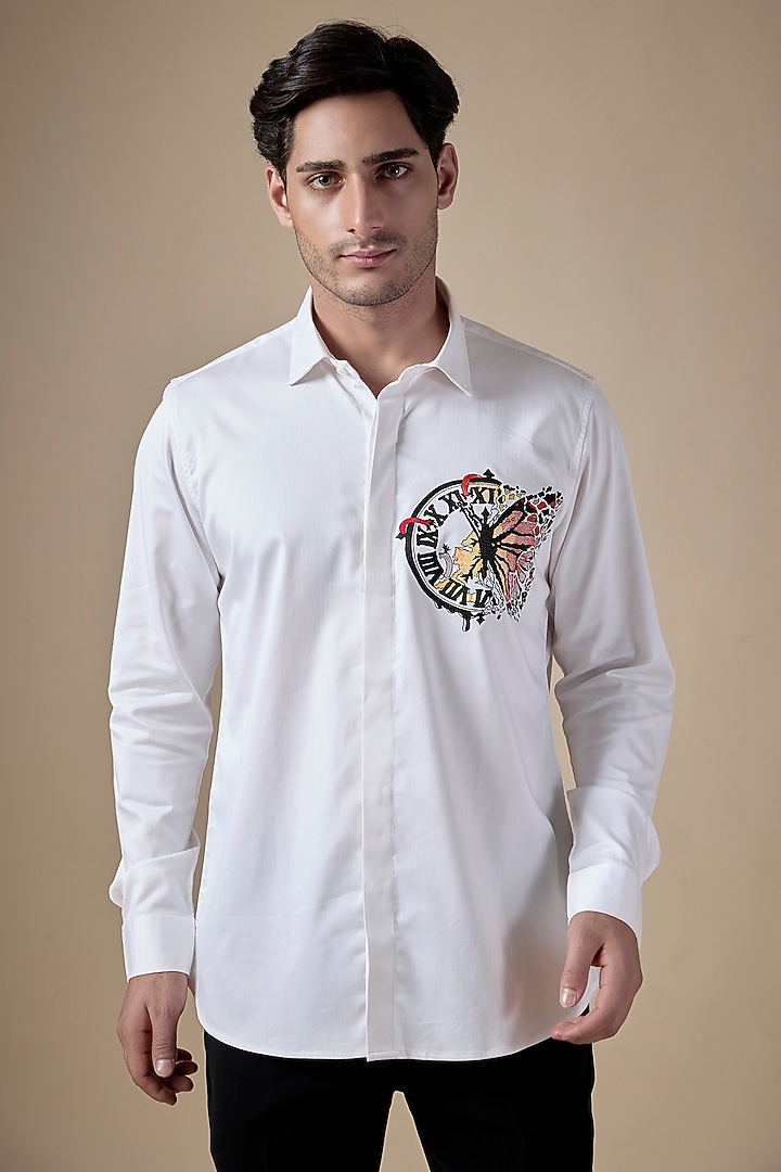 White Poly Cotton Lycra Aari Embroidered Party Wear Shirt by ALOUKIK at Pernia's Pop Up Shop