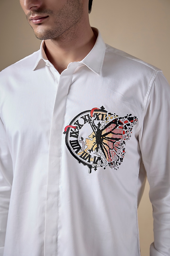 White Poly Cotton Lycra Aari Embroidered Party Wear Shirt by ALOUKIK at Pernia's Pop Up Shop