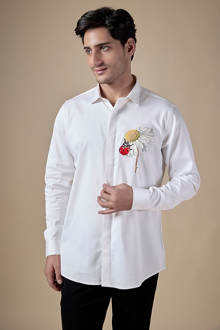 White Poly Cotton Lycra Aari Embroidered Party Wear Shirt by ALOUKIK at Pernia's Pop Up Shop