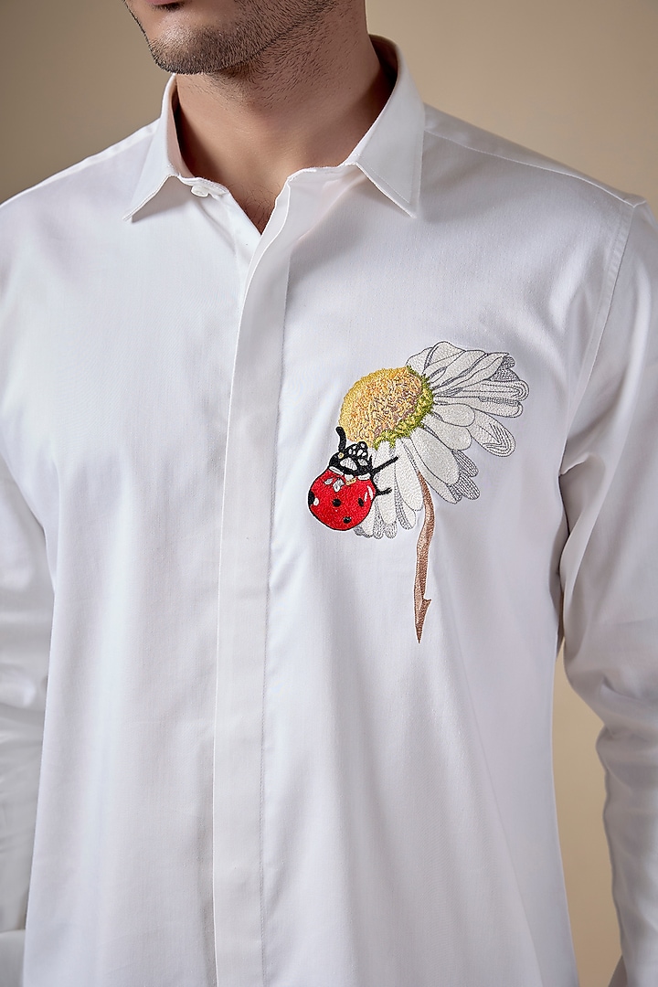 White Poly Cotton Lycra Aari Embroidered Party Wear Shirt by ALOUKIK at Pernia's Pop Up Shop