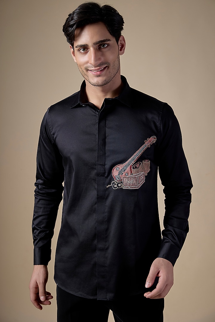 Black Poly Cotton Lycra Aari Embroidered Party Wear Shirt by ALOUKIK at Pernia's Pop Up Shop
