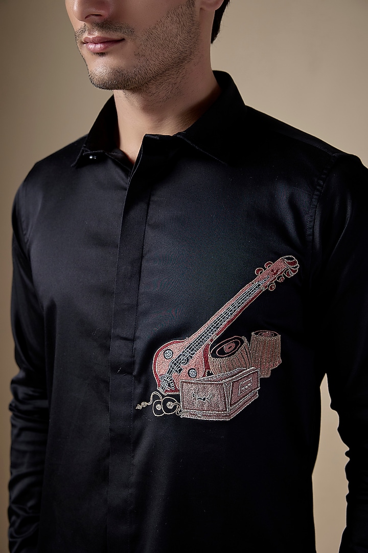 Black Poly Cotton Lycra Aari Embroidered Party Wear Shirt by ALOUKIK at Pernia's Pop Up Shop