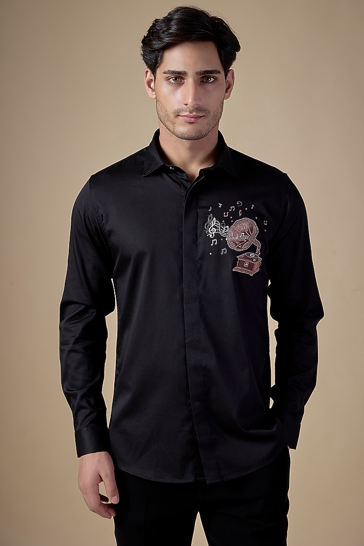 Black Poly Cotton Lycra Aari Embroidered Party Wear Shirt by ALOUKIK at Pernia's Pop Up Shop