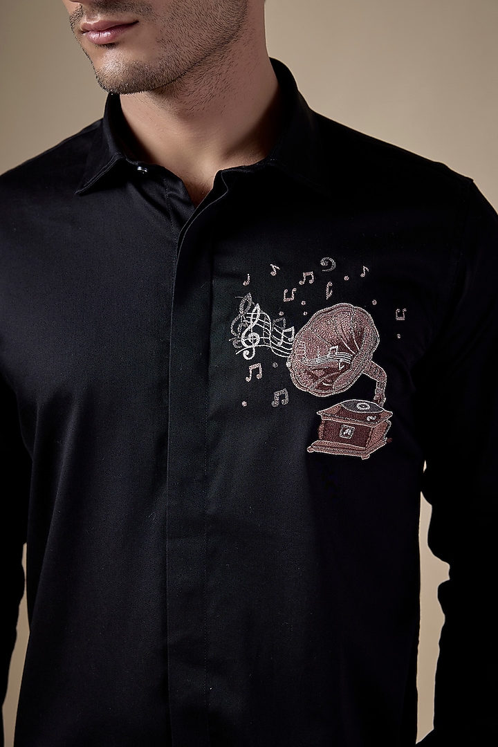 Black Poly Cotton Lycra Aari Embroidered Party Wear Shirt by ALOUKIK at Pernia's Pop Up Shop