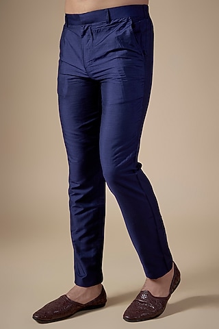 Navy Blue Art Silk Pants by ALOUKIK