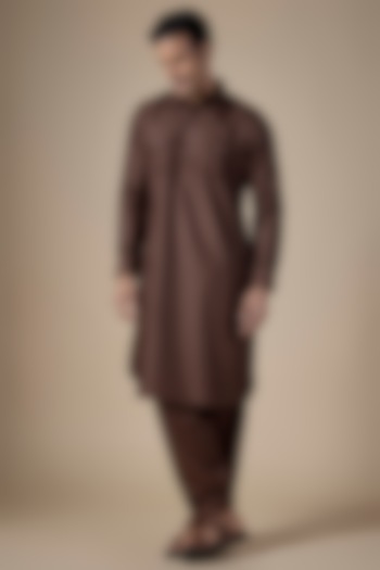 Brown Art Silk Pathani Kurta Set by ALOUKIK at Pernia's Pop Up Shop