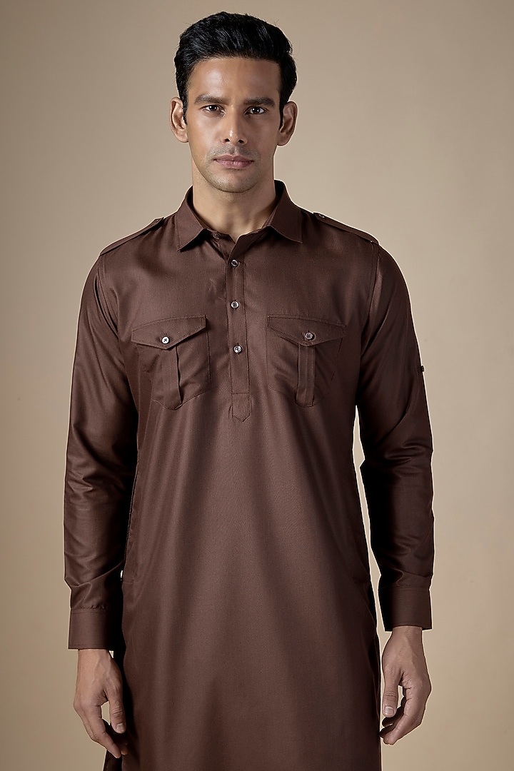 Brown Art Silk Pathani Kurta Set by ALOUKIK at Pernia's Pop Up Shop