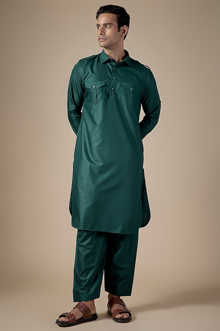 Teal Green Art Silk Pathani Kurta Set by ALOUKIK at Pernia's Pop Up Shop