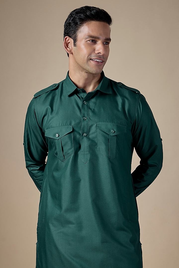 Teal Green Art Silk Pathani Kurta Set by ALOUKIK at Pernia's Pop Up Shop