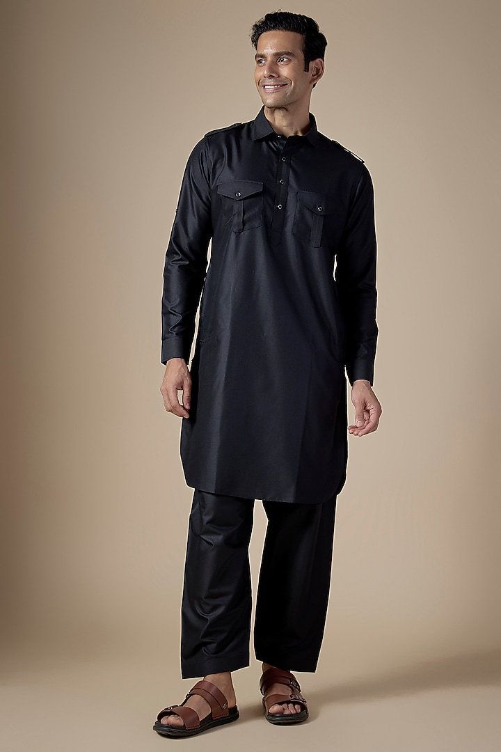 Black Art Silk Pathani Kurta Set by ALOUKIK at Pernia's Pop Up Shop