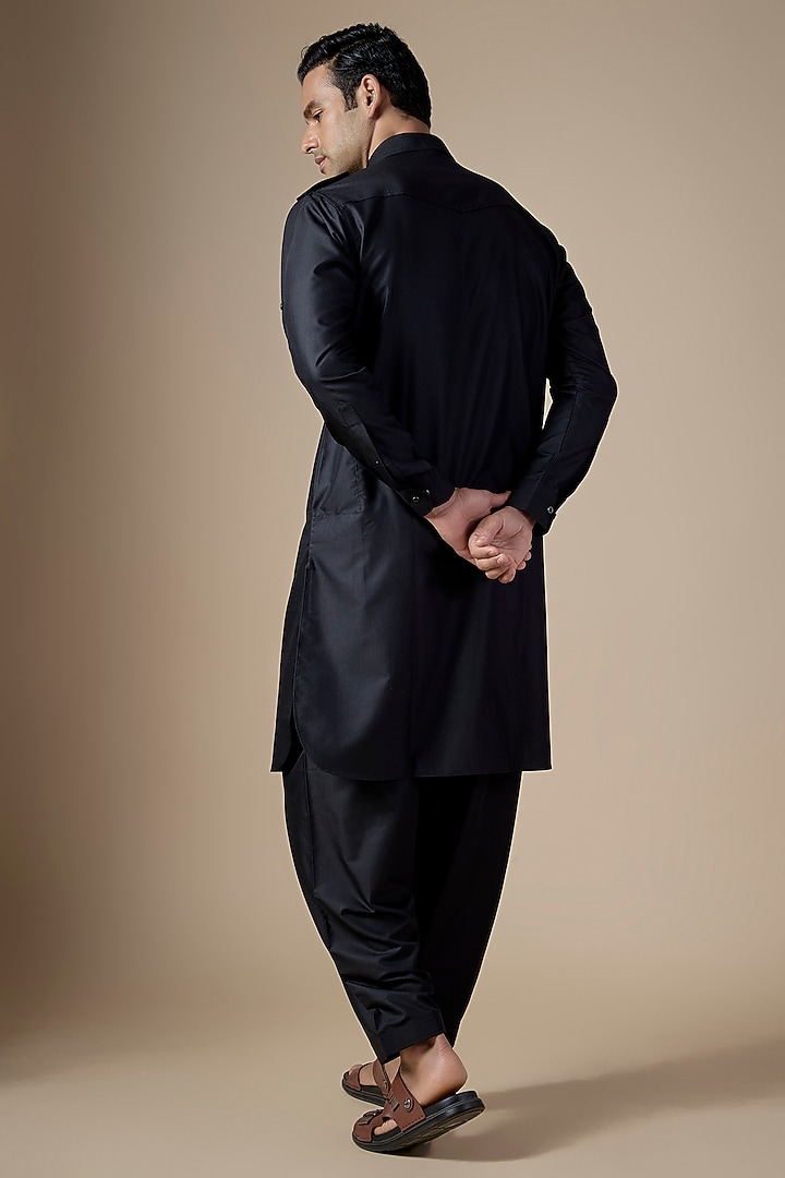 Black Art Silk Pathani Kurta Set by ALOUKIK at Pernia's Pop Up Shop