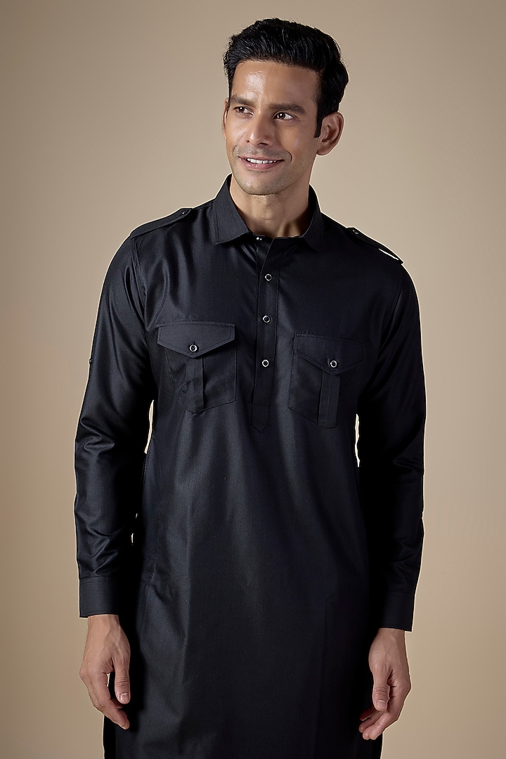 Black Art Silk Pathani Kurta Set by ALOUKIK at Pernia's Pop Up Shop