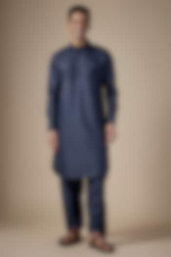 Navy Blue Art Silk Pathani Kurta Set by ALOUKIK at Pernia's Pop Up Shop