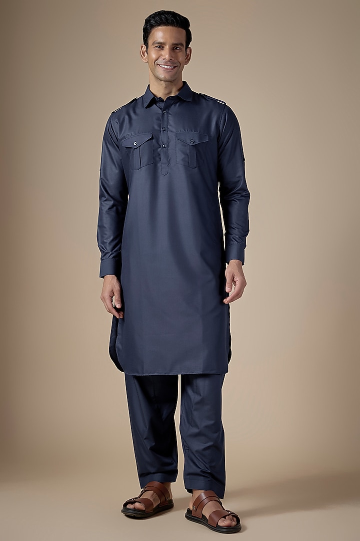 Navy Blue Art Silk Pathani Kurta Set by ALOUKIK at Pernia's Pop Up Shop