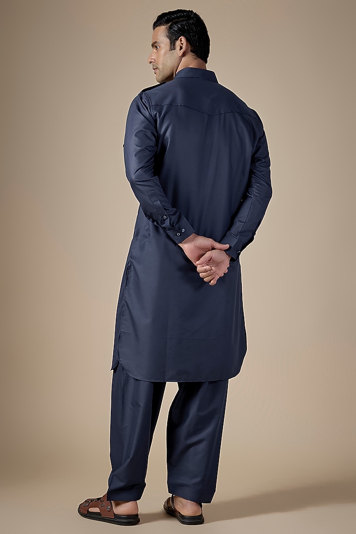 Navy Blue Art Silk Pathani Kurta Set by ALOUKIK at Pernia's Pop Up Shop