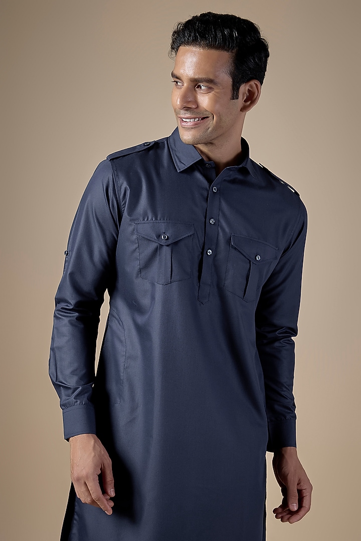 Navy Blue Art Silk Pathani Kurta Set by ALOUKIK at Pernia's Pop Up Shop