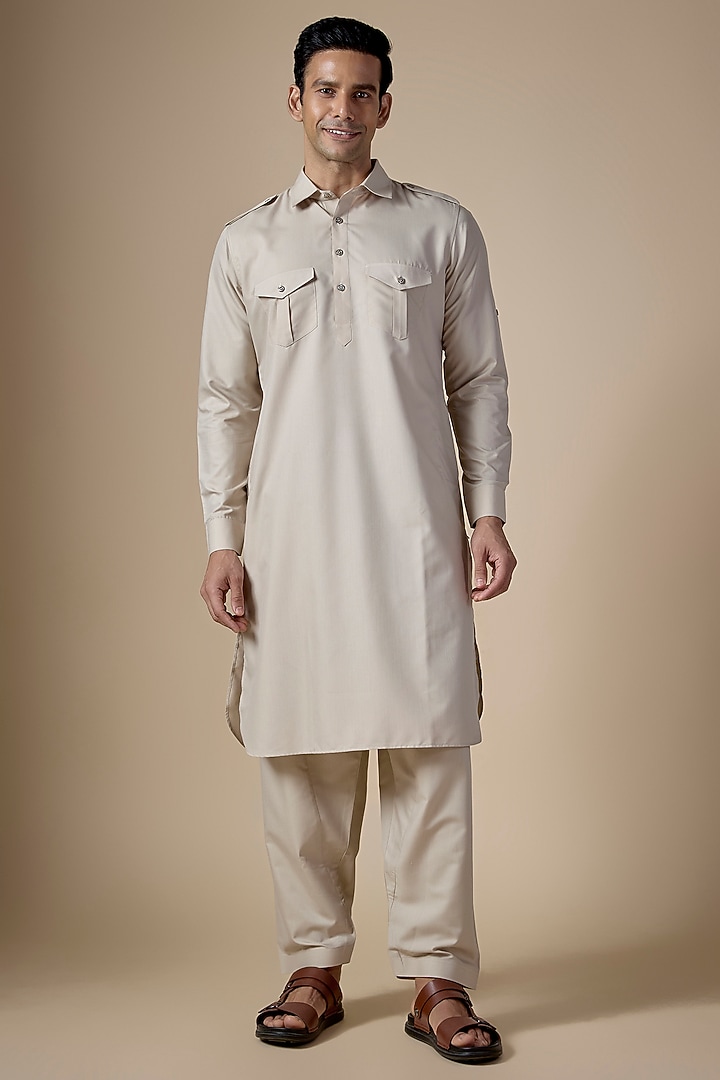 Beige Art Silk Pathani Kurta Set by ALOUKIK at Pernia's Pop Up Shop
