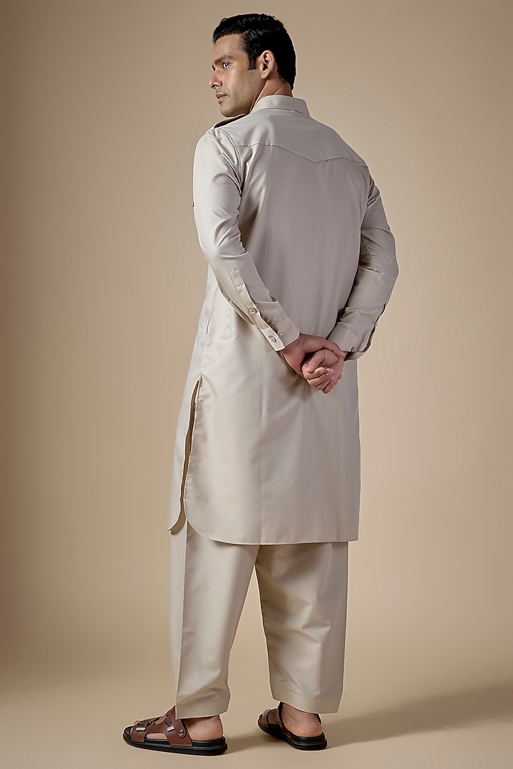 Beige Art Silk Pathani Kurta Set by ALOUKIK at Pernia's Pop Up Shop