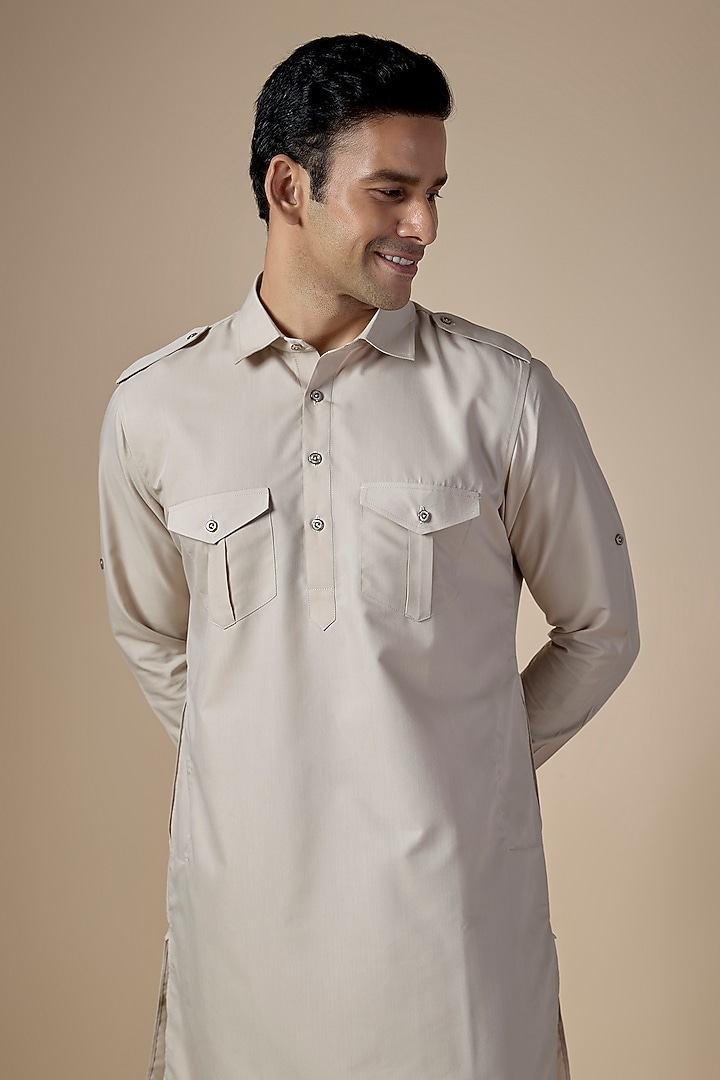 Beige Art Silk Pathani Kurta Set by ALOUKIK at Pernia's Pop Up Shop