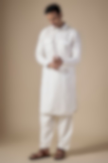 White Art Silk Pathani Kurta Set by ALOUKIK at Pernia's Pop Up Shop