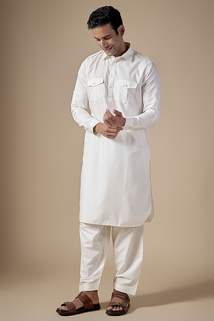 White Art Silk Pathani Kurta Set by ALOUKIK at Pernia's Pop Up Shop