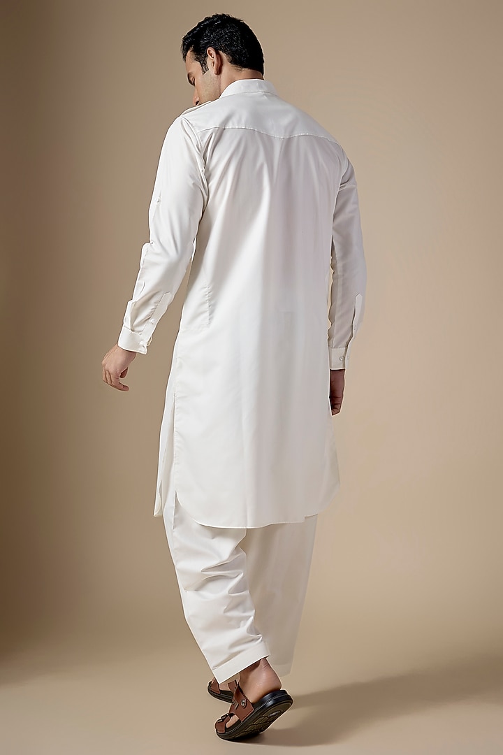 White Art Silk Pathani Kurta Set by ALOUKIK at Pernia's Pop Up Shop