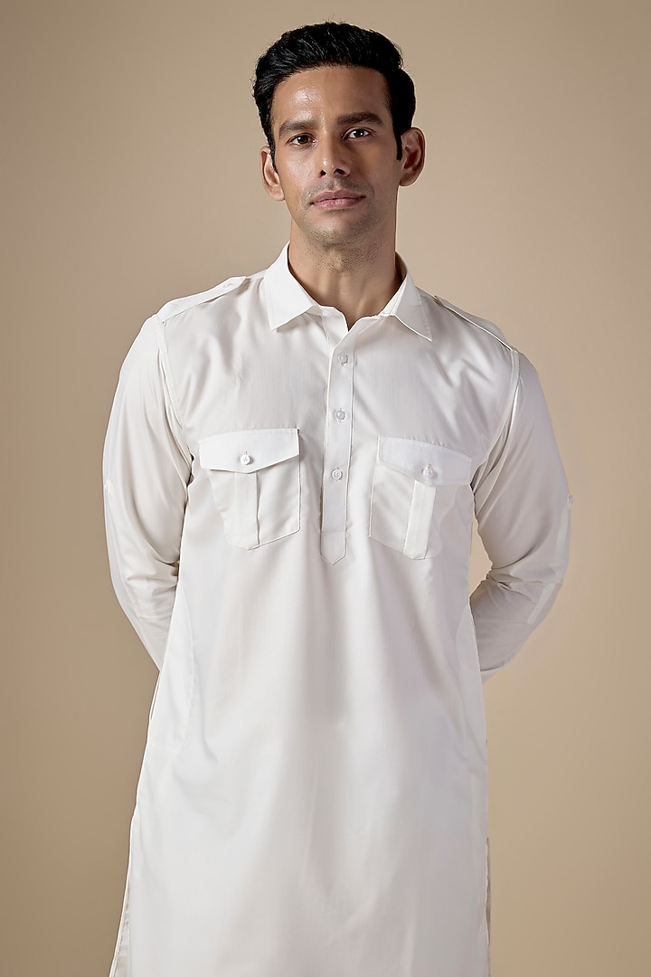 White Art Silk Pathani Kurta Set by ALOUKIK at Pernia's Pop Up Shop