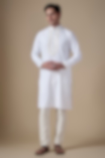 White Art Silk Machine & Hand Embroidered Kurta Set by ALOUKIK at Pernia's Pop Up Shop