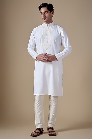 White Art Silk Machine & Hand Embroidered Kurta Set by ALOUKIK