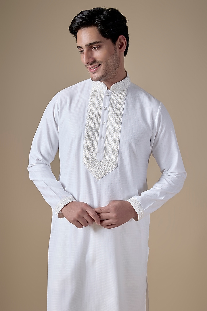 White Art Silk Machine & Hand Embroidered Kurta Set by ALOUKIK at Pernia's Pop Up Shop