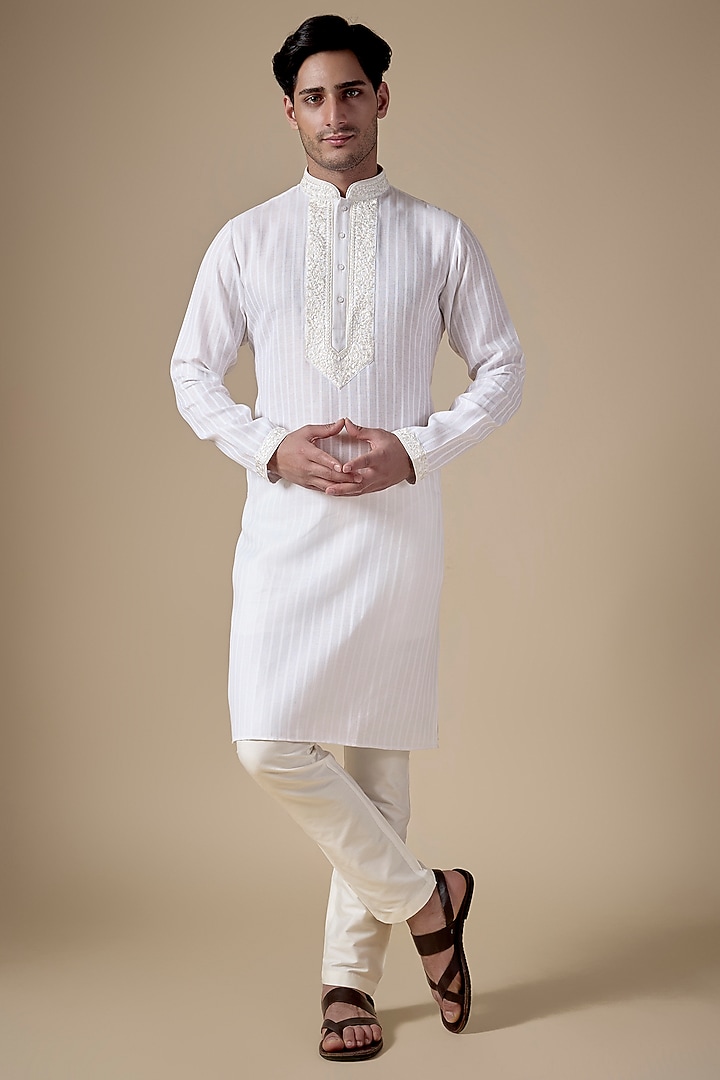 White Art Silk Machine & Hand Embroidered Kurta Set by ALOUKIK at Pernia's Pop Up Shop