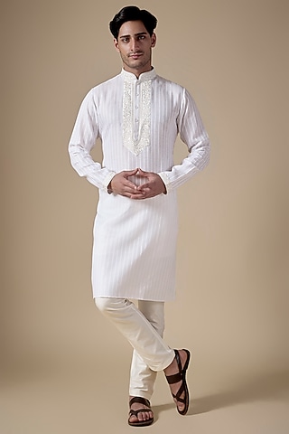 White Art Silk Machine & Hand Embroidered Kurta Set by ALOUKIK