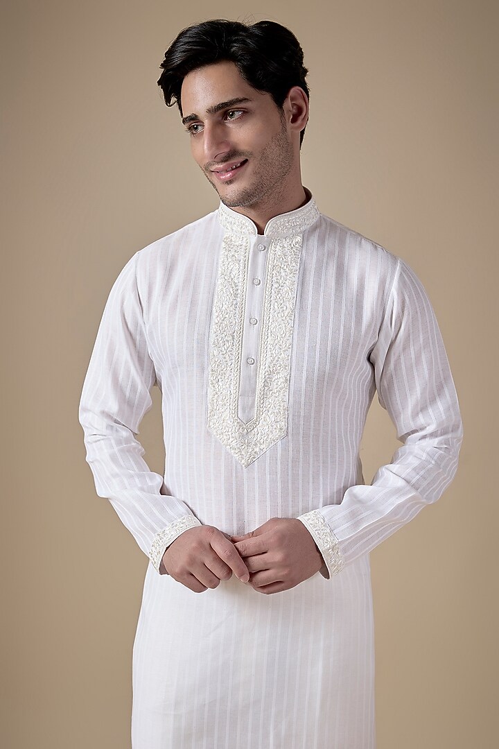White Art Silk Machine & Hand Embroidered Kurta Set by ALOUKIK at Pernia's Pop Up Shop