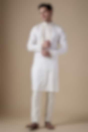 White Art Silk Machine & Hand Embroidered Kurta Set by ALOUKIK at Pernia's Pop Up Shop