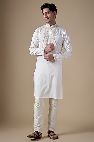 White Art Silk Machine & Hand Embroidered Kurta Set by ALOUKIK