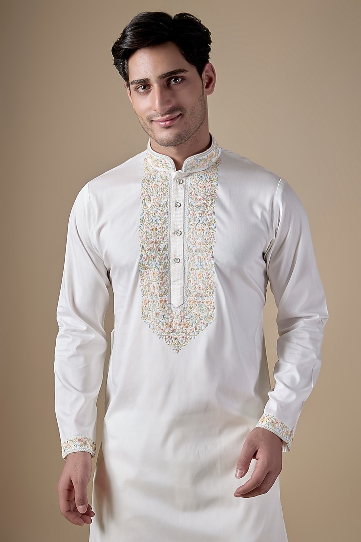 White Art Silk Machine & Hand Embroidered Kurta Set by ALOUKIK at Pernia's Pop Up Shop
