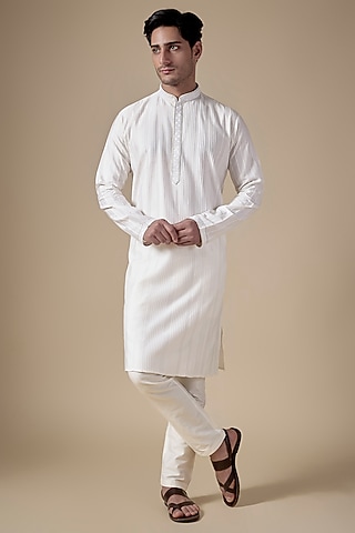 White Art Silk Machine & Hand Embroidered Kurta Set by ALOUKIK