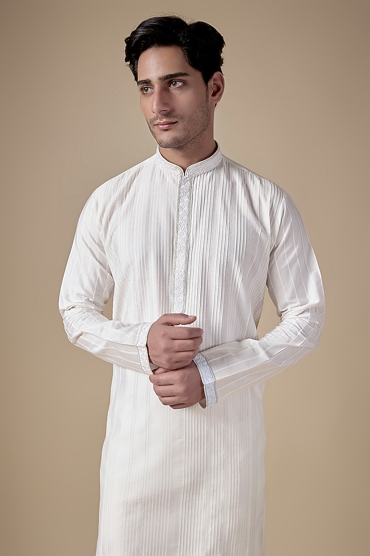 White Art Silk Machine & Hand Embroidered Kurta Set by ALOUKIK at Pernia's Pop Up Shop