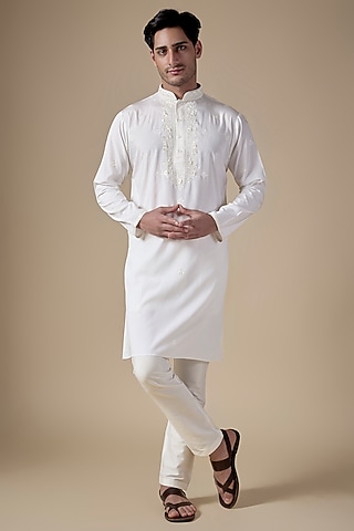 White Art Silk Machine & Hand Embroidered Kurta Set by ALOUKIK