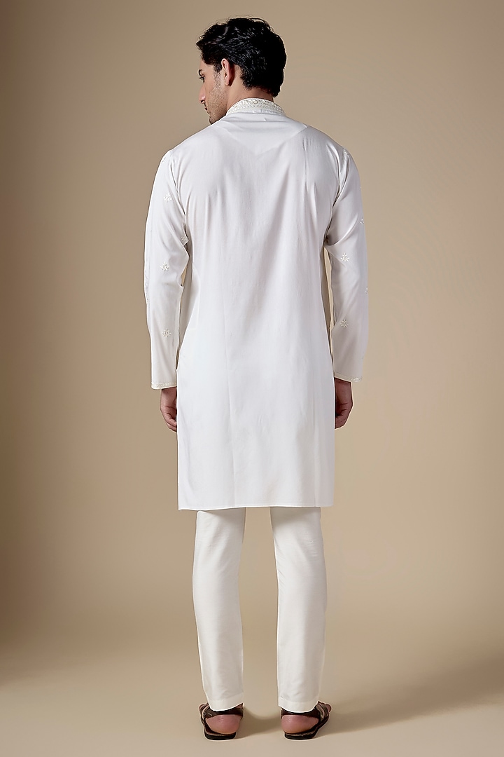 White Art Silk Machine & Hand Embroidered Kurta Set by ALOUKIK at Pernia's Pop Up Shop