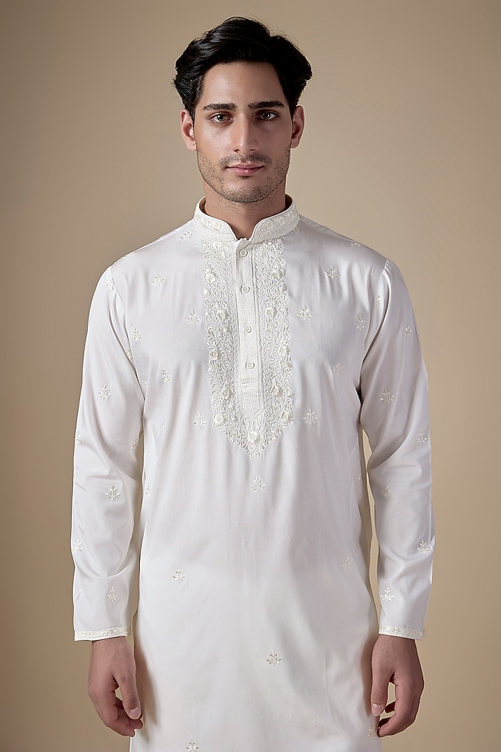 White Art Silk Machine & Hand Embroidered Kurta Set by ALOUKIK at Pernia's Pop Up Shop