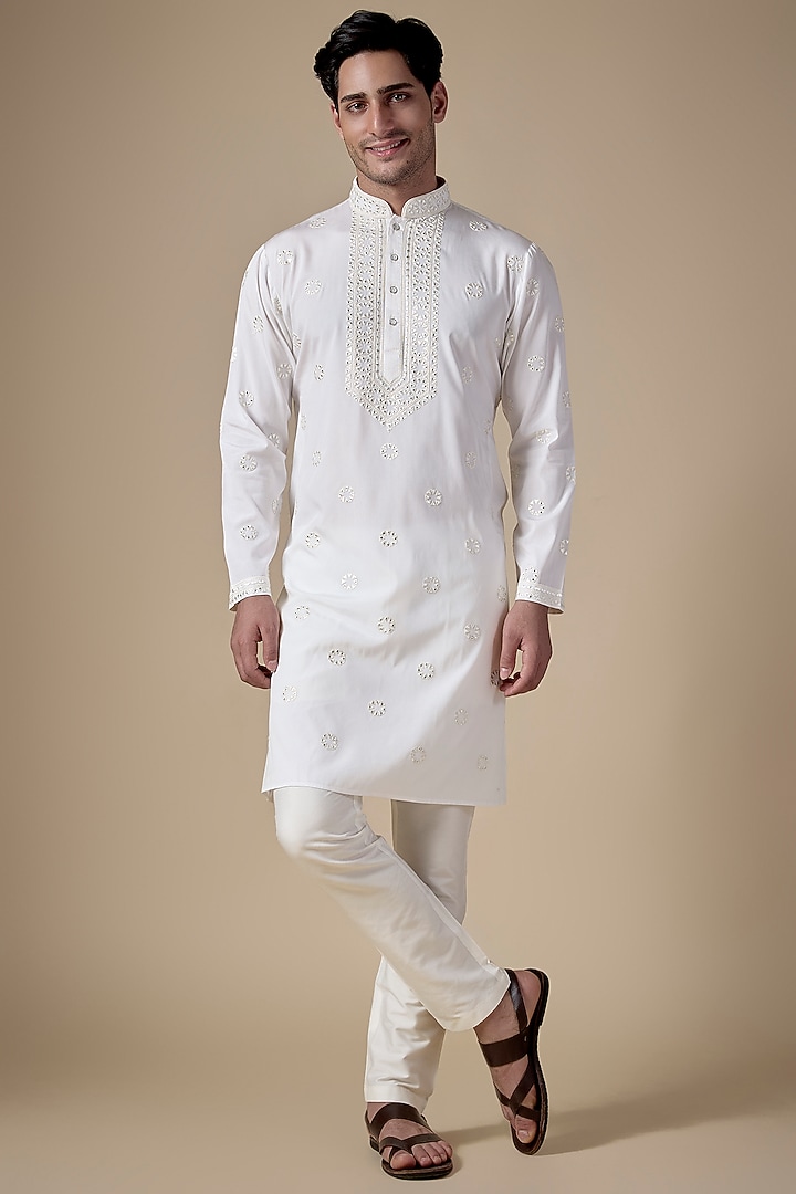 White Art Silk Abla Work Kurta Set by ALOUKIK at Pernia's Pop Up Shop