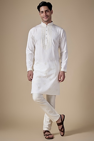 White Art Silk Abla Work Kurta Set by ALOUKIK