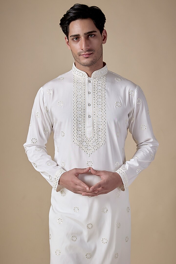White Art Silk Abla Work Kurta Set by ALOUKIK at Pernia's Pop Up Shop