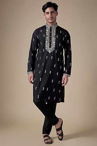 Black Art Silk Machine & Hand Embroidered Kurta Set by ALOUKIK