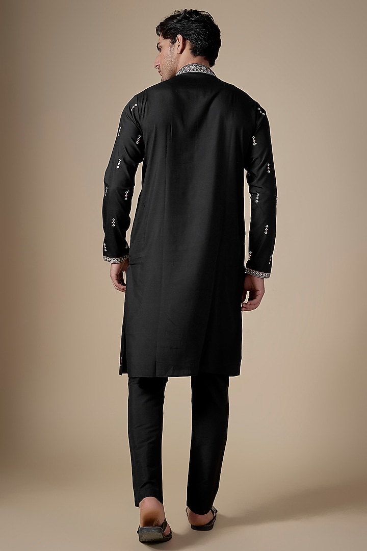 Black Art Silk Machine & Hand Embroidered Kurta Set by ALOUKIK at Pernia's Pop Up Shop