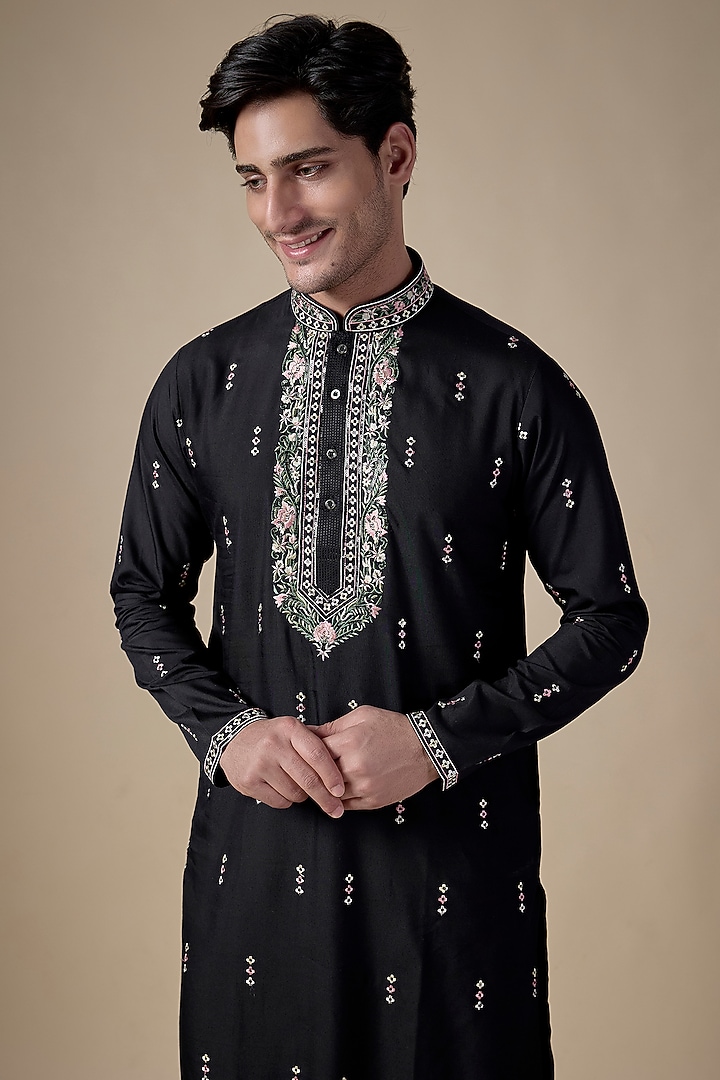 Black Art Silk Machine & Hand Embroidered Kurta Set by ALOUKIK at Pernia's Pop Up Shop