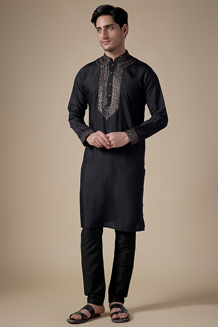 Black Art Silk Dori Work Kurta Set by ALOUKIK at Pernia's Pop Up Shop