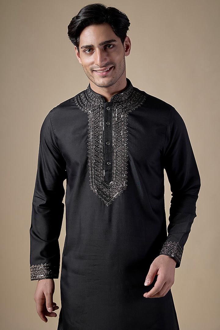 Black Art Silk Dori Work Kurta Set by ALOUKIK at Pernia's Pop Up Shop